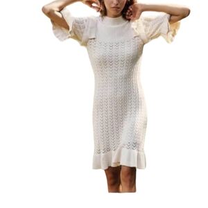 Happy X NATURE Knit Ruffle Mini Dress Beige 3/4 sleeves Collared Neck